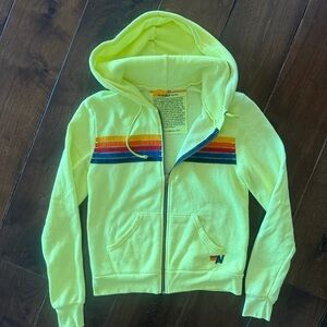 Aviator Nation Neon Yellow Hoodie with 5 stripe rainbow